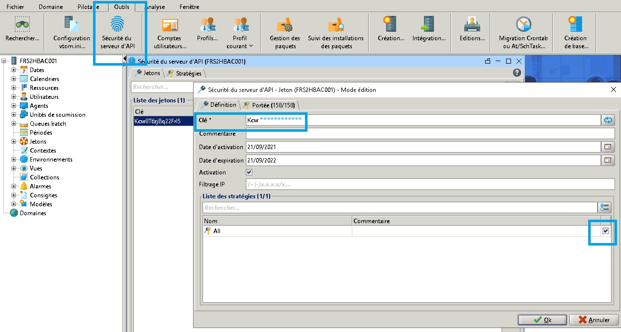 API VTOM IHM Outils Sécurité du serveur - Jetons
